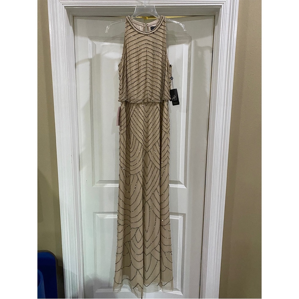 Adrianna Papell Art Deco Beaded Blouson Dress with Halter Neckline in Nude